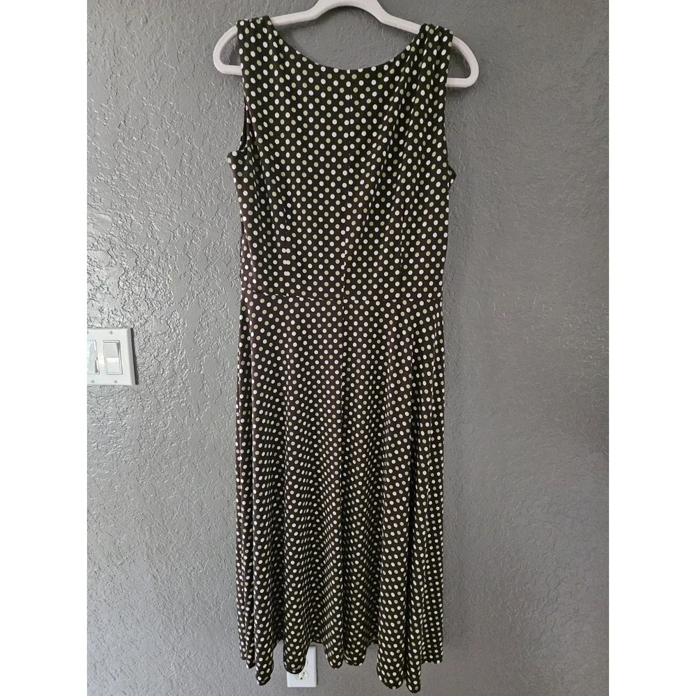 Retro 90s Brown Polka Dot Dress Size 14 Dark Academia Ruched Waist Midi Tank